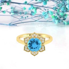 Vintage Lotus Ring 8mm Swiss Blue Topaz 14k Solid Gold Diamond Halo Women’s Ring