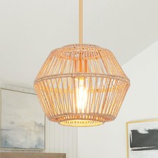 Woven Rattan Pendant Light Fixture Handmade Cage Wicker Boho Chandelier Natur...