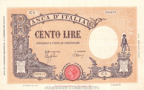 Regno italia 100 lire - d'italia,