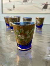 Antico set 6 bicchieri smaltati blu cobalto Moser Boemia