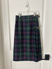 Gonna vintage scozzese pura lana verde blu a quadri plissettata a mano kilt tartan UK taglia 12