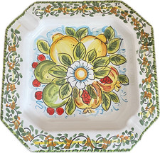 Posacenere Ottagonale in Ceramica Dipinto a Mano con Fiore e Frutti Siciliani