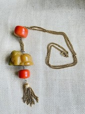 Collana Vintage KJL Kenneth Jay Lane Ambra Cavallo Netsuke Asiatica Resina Intagliata