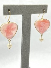 Orecchini Cammei Cuore Angioletti Conchiglia Rosa-Oro Giallo 14kt-Perle 4mm