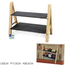 STAND VASSOIO ESPOSITORE ALIMENTI DA TAVOLA IN LEGNO 2 RIPIANI IN ARDESIA