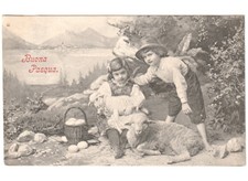 1908 antica cartolina Primi'900 Pasqua bambini pecora agnello cesto uova lago
