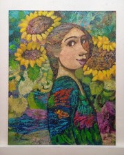 Quadro Paesaggio Figura Girasoli Olio Cm40x50 De Lorenzo Carlo