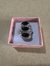 Anello Fascia Etnico Argento 925 Con Triplo Cabochon Onice Nero 8GR 17.2MM