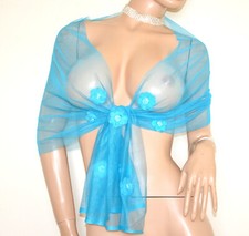 Foulard donna azzurro turchese stola sciarpa scialle fiori rete coprispalle U95X