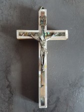 Antico Crocifisso in madreperla e metallo Croce di Gerusalemme con retro simboli