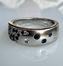 Anello in oro bianco massiccio 585 6,60 g zaffiri e brillanti Ø 17,8 mm come nuovo