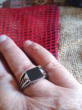 Anello in argento, da uomo, con pietra onice nera centrale, da anulare