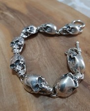 BRACCIALE UOMO ARGENTO 925 massiccio fatto a mano teschi catena moto  harley