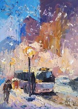 oil painting on panel original hand made art with city snowy winter evening