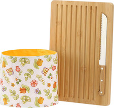 , Set Tagliere in Legno, Coltello E Sacchetto Porta Pane in Bambù E Acciaio Inox