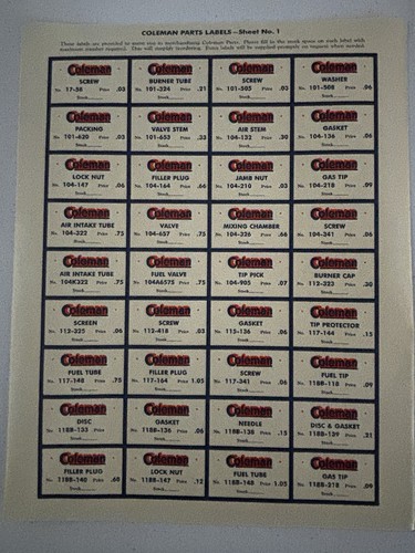 Vintage coleman parts label - vintage,