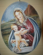 Affresco autentico strappati da muro 80x60 Cm. Ovale Madonna Con Bimbo Su Tela