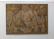 Quadro Arazzo anni 50 Paesaggio Bucolico con Uccelli e Vegetazione Incorniciato