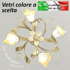 PLAFONIERA IN FERRO BATTUTO 4 LUCI AVORIO ORO LAMPADARIO SOFFITTO CUCINA Doge