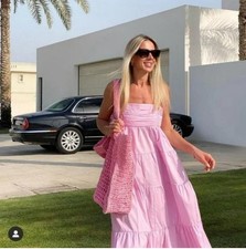 Abito midi Zara donna taglia L con spalline popeline orlo increspato rosa a strati smocked