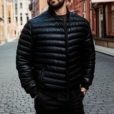 Piumino uomo imbottito, cappotto nero trapuntato vera pelle di agnello, caldo inverno