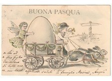 In Rilievo cartolina Primi'900 pasquale liberty angeli uovo di Pasqua conigli
