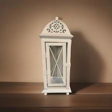 LANTERNA DECORATIVA BIANCO TRAFORATA PORTA CANDELE METALLO cm 11,2x11,2x29,5h