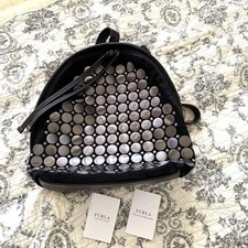FURLA Leather Backpack Black Gray Metal Decor Authentic Stylish Bag