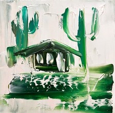 Dipinto olio astratto capanna colorata in campo di cactus - regalo arte del deserto sotto $50