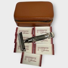 Rasoio di sicurezza vintage Hoffritz dritto custodia in pelle con cerniera 7 LAME PULITE