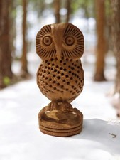 Scultura Artigianale Di Gufo Intagliata In Legno Pezzo Unico Vintage 
