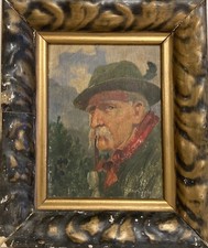 Quadro a Olio Impressionista Ritratto Uomo Con Pipa Bayer Antico 29,7 X 25 CM