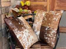 Copricuscini in pelle con pelo di capra, set di 2 copricuscini per divano mar...