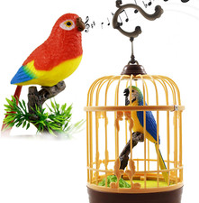 Uccellino che canta e cinguetta in gabbia, parrocchetto attivato dal suono su un ramo d'albero 