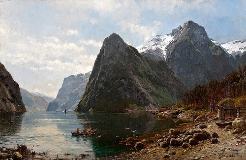 Paesaggio fiordo con - , figure