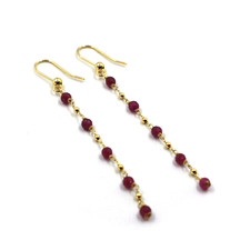 ORECCHINI ORO GIALLO, 18K, PENDENTI, CON RUBINO SFACCETTATO E SFERE ALTERNATE