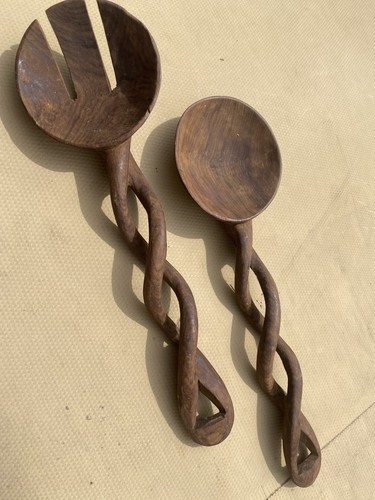 Carved wood salad serving set - carved,