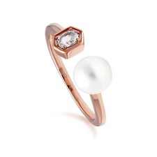 Moderno Perla & Topazio Bianco Open Anello IN Rosa Argento Sterling Placcato Oro
