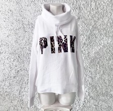 VICTORIA'S SECRET PINK! FELPA MAGLIONE COLLO ALTO BIANCO LATTE SCRITTA MACULATA