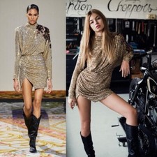 Mini Abito Redemption Runway Oro Paillettes Drappeggiato Floreale Girocollo Taglia L