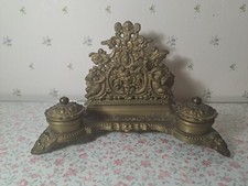 Doppio calamaio antico da scrivania in bronzo con portalettere del XIX secolo