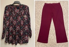 Completo donna nuovo casual soft touch (top paisley/pantaloni comfort) prugna, taglia 20