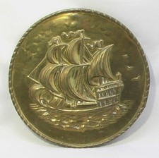 QUADRO QUADRETTO ANTICO OTTONE VELIERO NAVE Antique Brass Picture Plaque Ship
