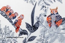 4.6m Grigio Gufo Uccello Cotone Stampato Indiano Naturale Mano Blocco Tessuto