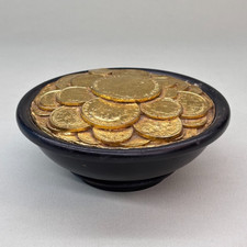 COPPA MONETE VINTAGE FERMACARTE SOPRAMMOBILE METALLO DORATO LEGNO ANNI 60 70 80