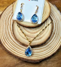 Set Collana e orecchini dorato e Ciondolo zircone Azzurro 