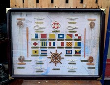 Quadro Con Nod Marinari Vintage Cornice Mogano Bandiere Gran Pavese Timone 