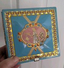 Portagioie vintage in latta con coperchio incernierato, donna con fiori blu cielo e oro