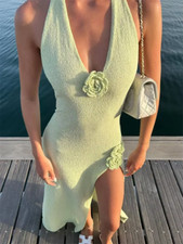 Abito Lungo Floral A V Collo In Maglia Sexy Slim Senza Schiena Alta Vita Moda