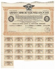 100 AZIONI CERTIFICATO AZIONARIO AZIENDE CHIMICHE NAZIONALI SEDE MILANO 1929 BB+